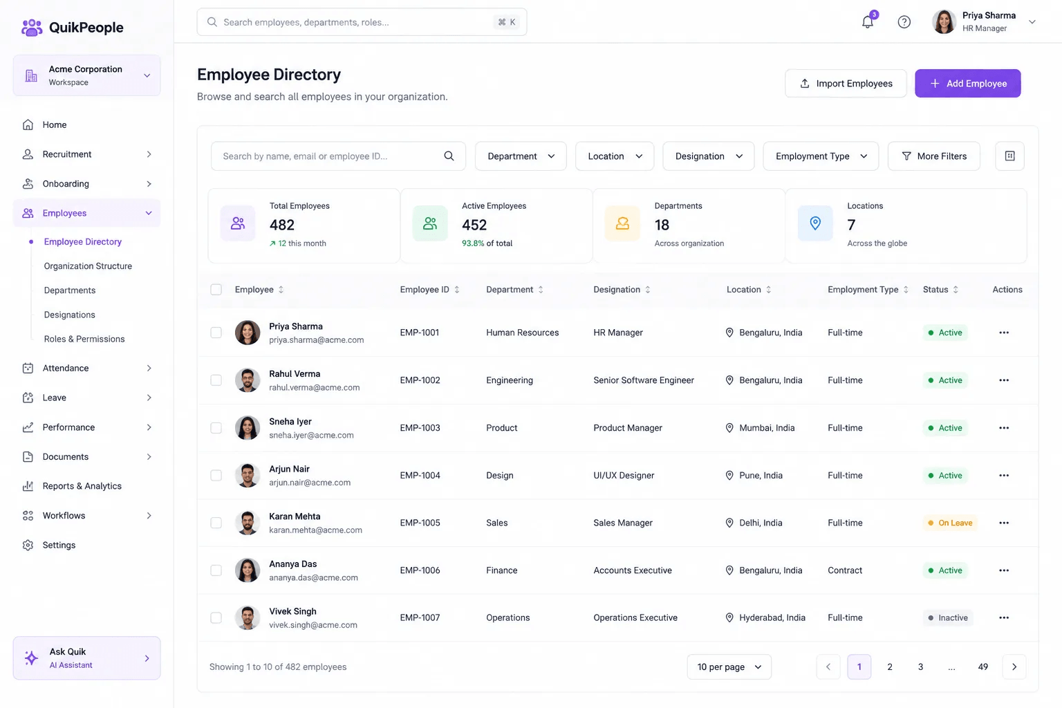 QuikPeople product screen — Employee Directory